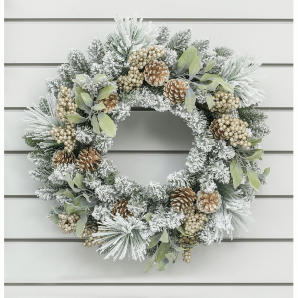 60cm Flock Pine/Cone Wreath Gold