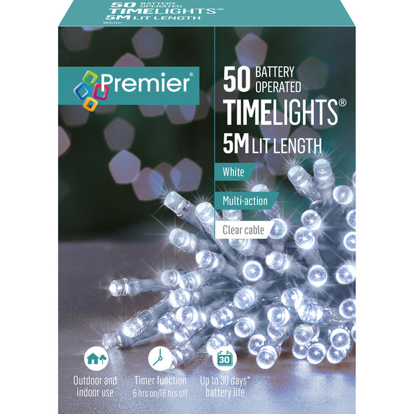 50 M-A B-O White LEDs Clear Cable Lights With Timer