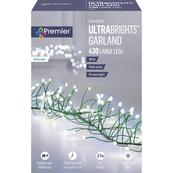 430L LED UltraBright Cluster Garland Green Wire- White