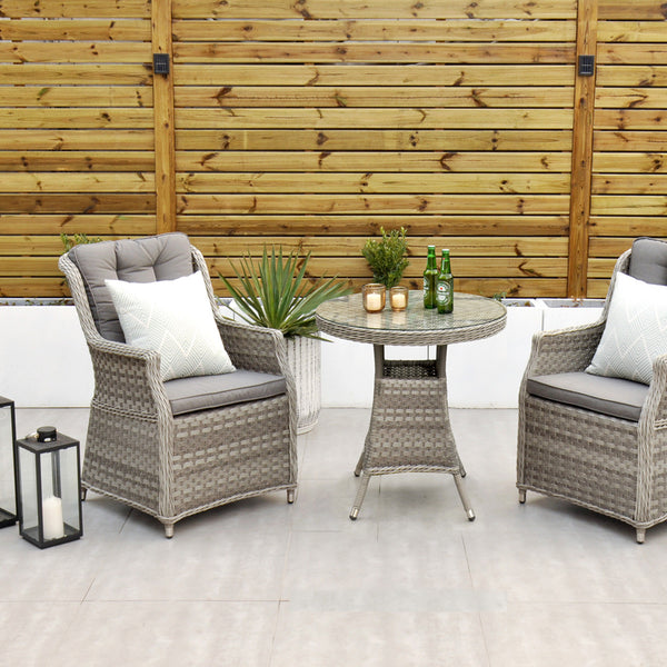 Bali - Rattan Bistro Set with Table & Two Armchairs with Cushions (Grey)